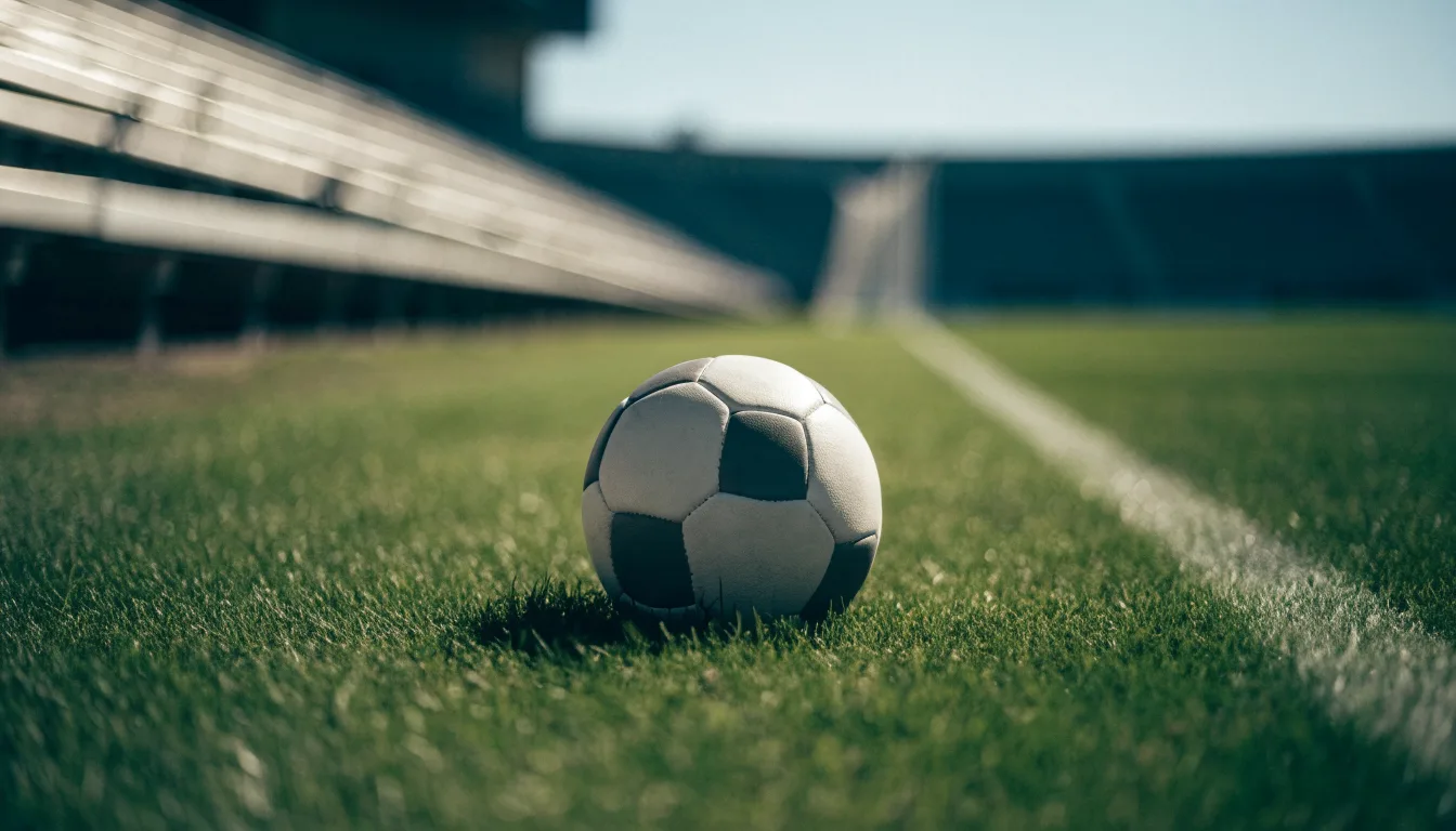 Ein Fußball liegt am Spielfeldrand eines Rasenplatzes, im Hintergrund eine leere Tribüne unter hellem Himmel.