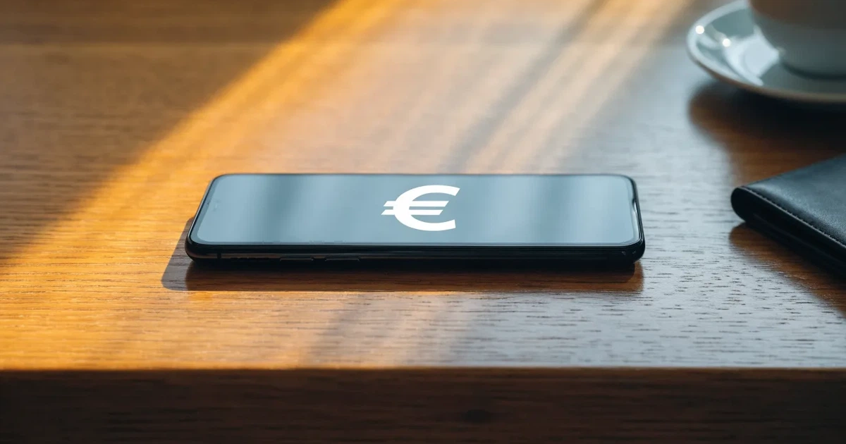 Ein Smartphone mit dunklem Bildschirm liegt auf einem Holztisch neben einem Portemonnaie und einer Kaffeetasse im Fensterlicht.