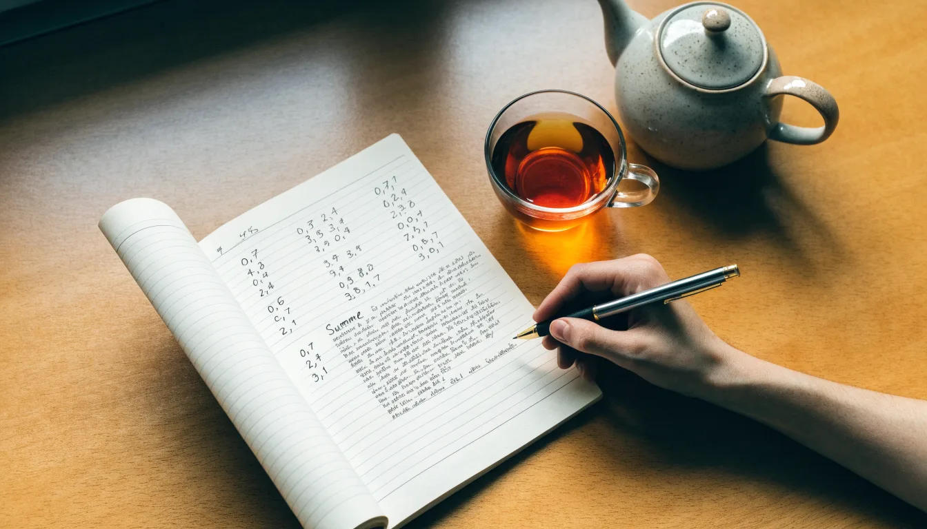 Ein Notizbuch mit handgeschriebenen Rechnungen und ein Taschenrechner auf einem Schreibtisch neben einer Teetasse.