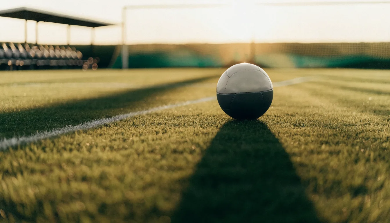 Ein Fußball auf einem Rasenplatz im Gegenlicht der tiefstehenden Sonne, am Rand eine leere Ersatzbank.