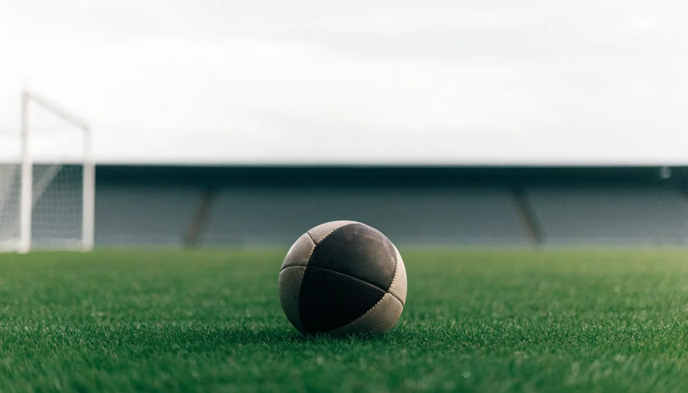 Ein Fußball auf einem Rasen, im Hintergrund ein leeres Stadion bei bewölktem Himmel.