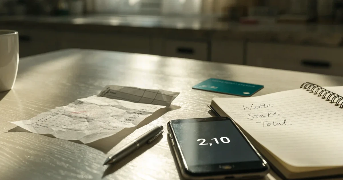 Ein Taschenrechner, ein Stift und ein Smartphone mit dunklem Bildschirm liegen auf einem Küchentisch im Morgenlicht.