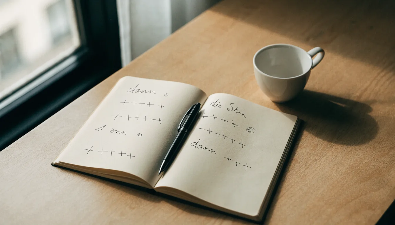 Ein aufgeschlagenes leeres Notizbuch mit Kugelschreiber neben einer Tasse Kaffee auf einem Tisch am Fenster.