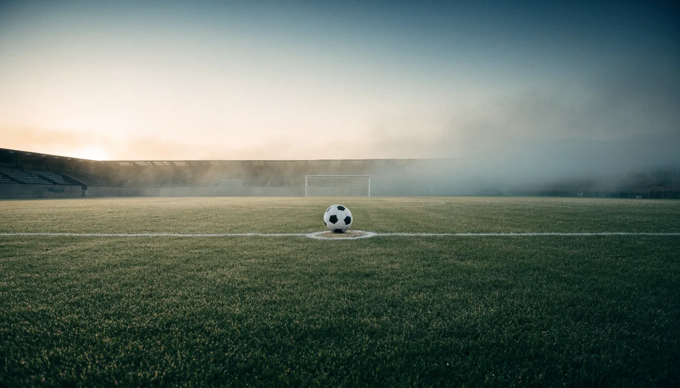 Ein Fußball liegt auf dem Anstoßpunkt eines leeren Rasenplatzes, im Hintergrund hängt Morgendunst über den Tribünen.