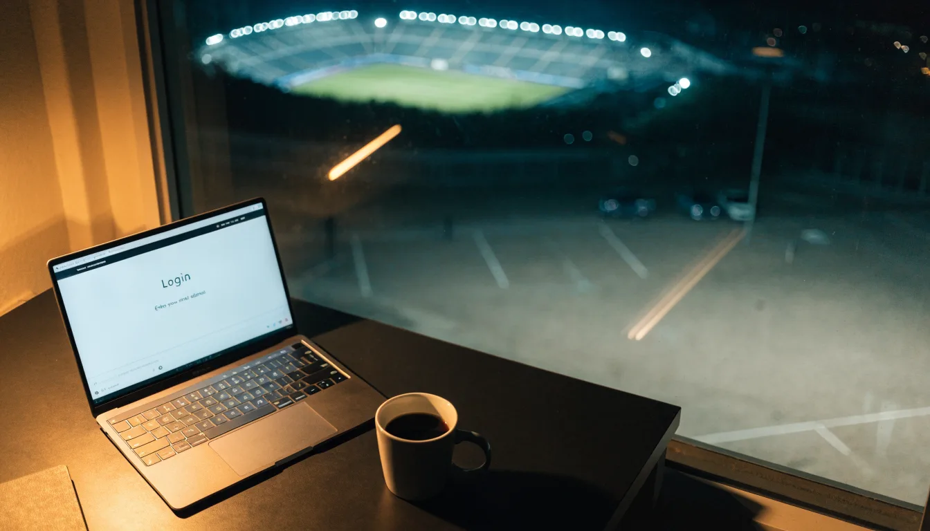 Ein Fußballstadion unter Flutlicht, aus großer Entfernung bei Einbruch der Dunkelheit gesehen, davor ein leerer Parkplatz.