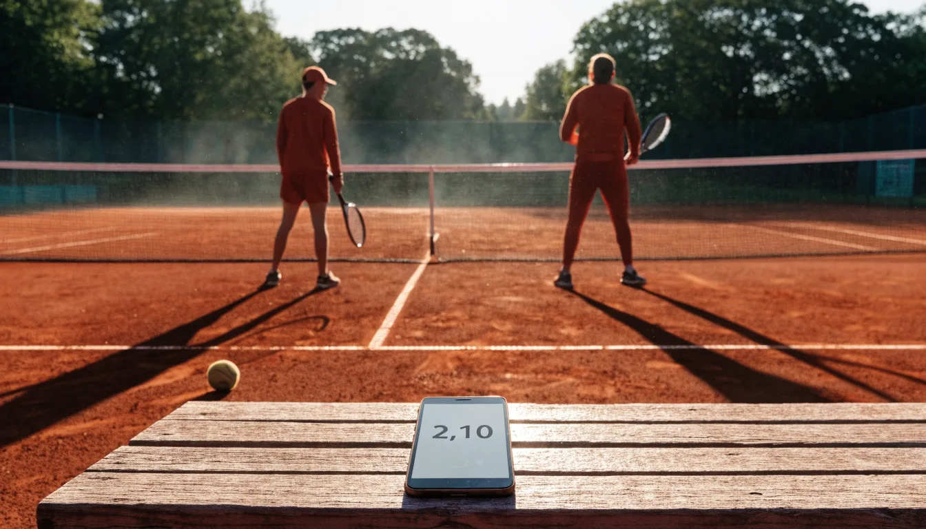 Ein Tennisplatz bei Sonnenaufgang, die Linien noch taufeucht, ein einzelner Ball liegt an der Grundlinie.