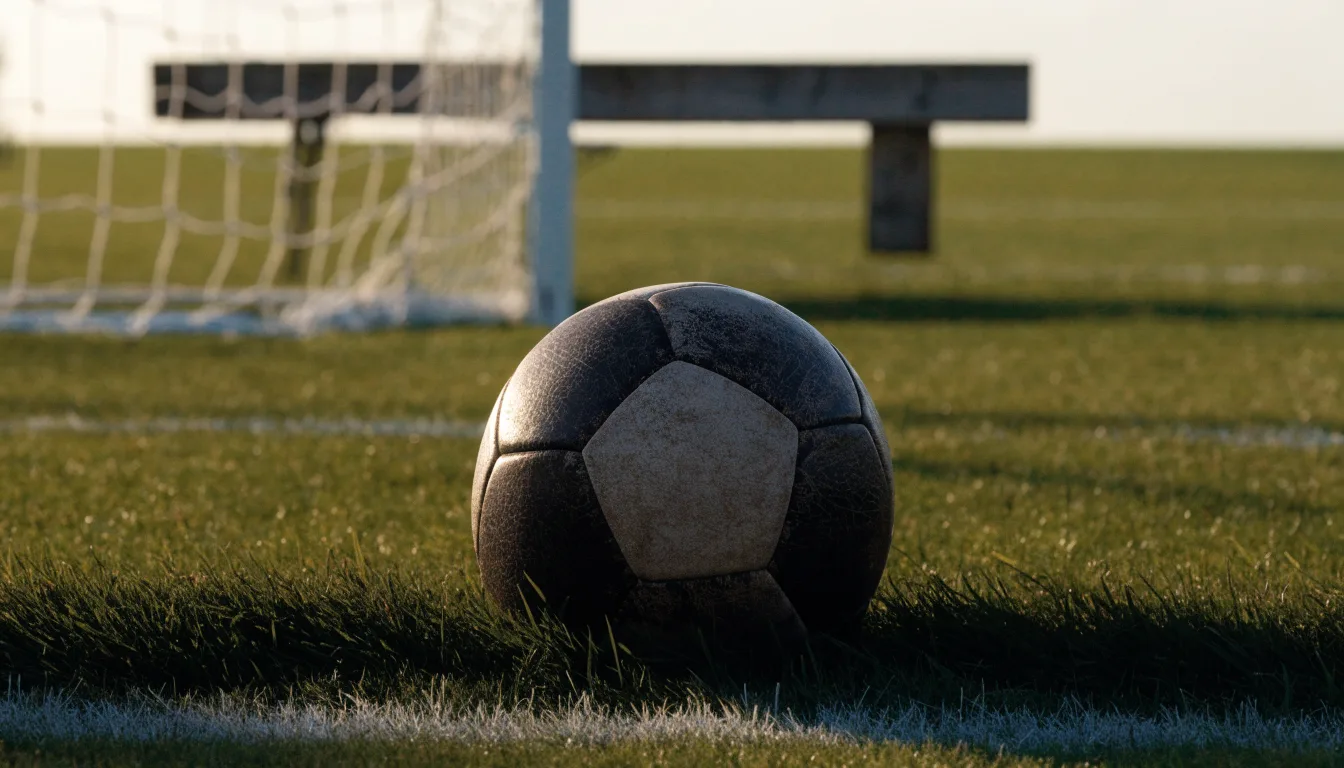Ein Fußball liegt im Gras am Spielfeldrand, dahinter eine leere Bank und ein Tor im Gegenlicht.