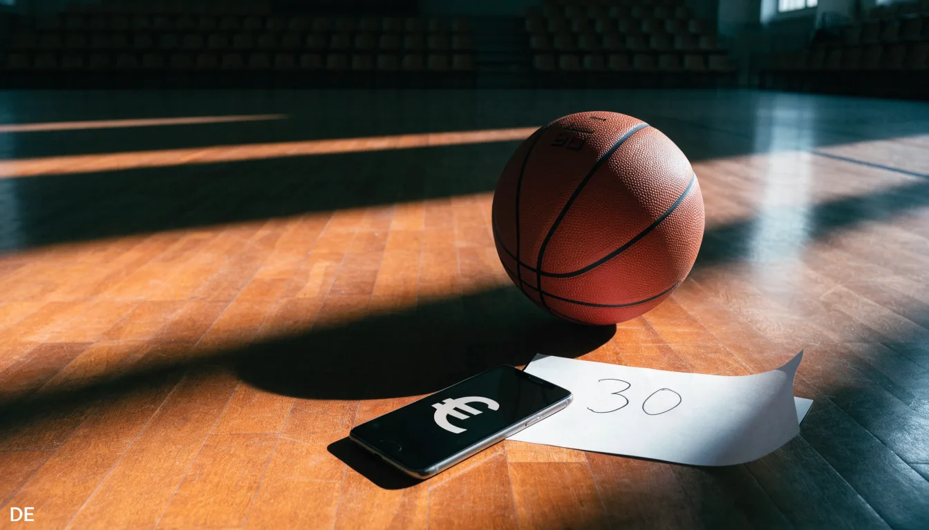 Ein Basketball liegt auf dem Parkett einer leeren Halle, Licht fällt durch hohe Fenster.