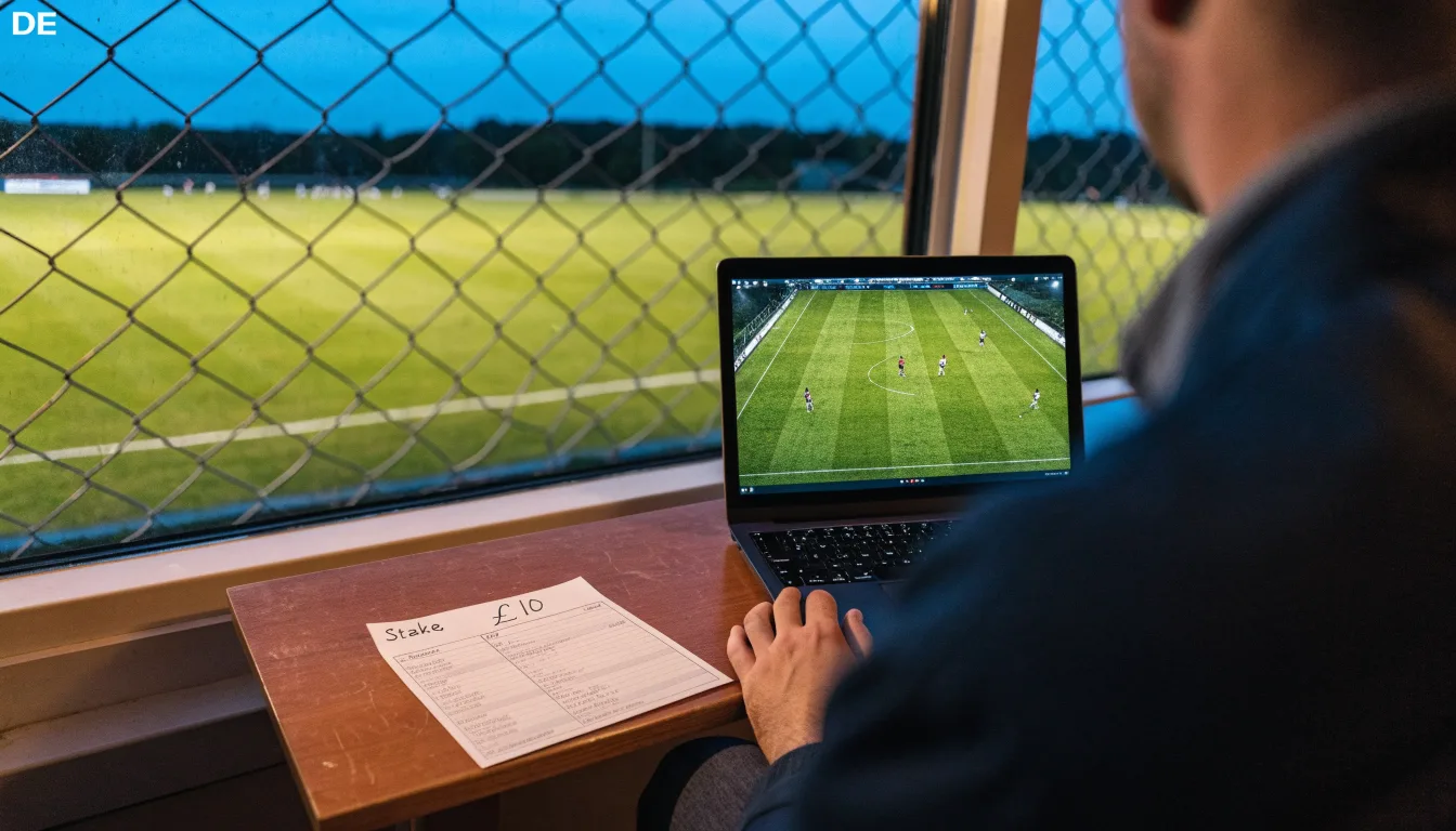 Eine Flutlichtanlage über einem leeren Sportplatz am Abend, im Vordergrund ein Maschendrahtzaun.