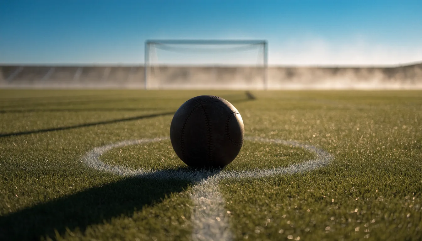Ein Fußball liegt auf dem Anstoßkreis eines leeren Rasenplatzes im frühen Morgenlicht.