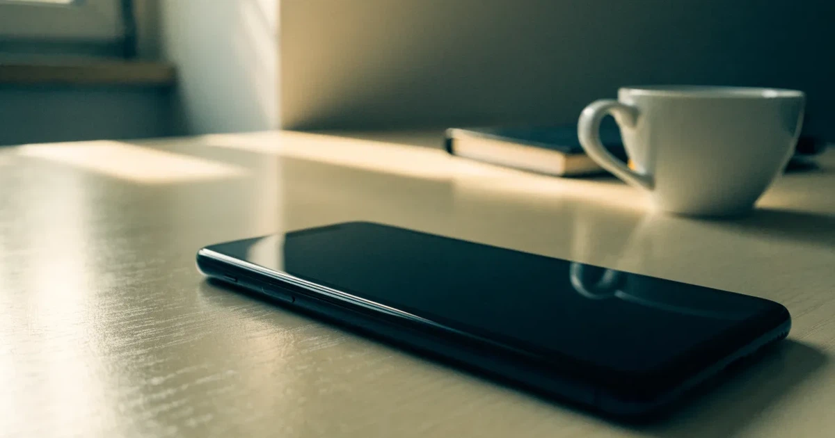 Ein Smartphone mit dunklem Display liegt neben einer Kaffeetasse und einem Notizbuch auf einem Küchentisch.
