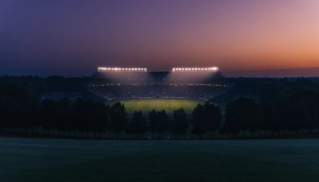 Ein Stadion unter Flutlicht aus großer Entfernung, davor die Silhouetten von Bäumen im Abendhimmel.