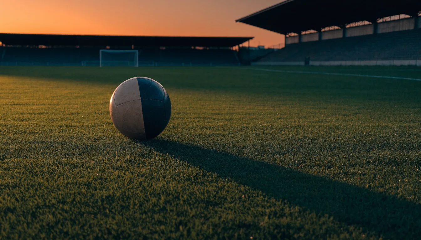 Ein Fußball liegt in der Mitte eines leeren Rasenplatzes, am Horizont färbt sich der Himmel orange.