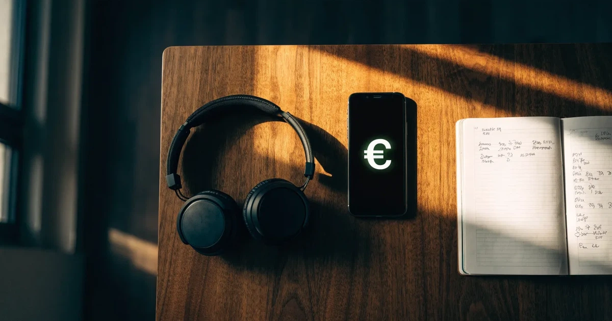 Ein Smartphone mit schwarzem Display liegt neben Kopfhörern auf einem Schreibtisch, daneben ein aufgeschlagenes Notizbuch.