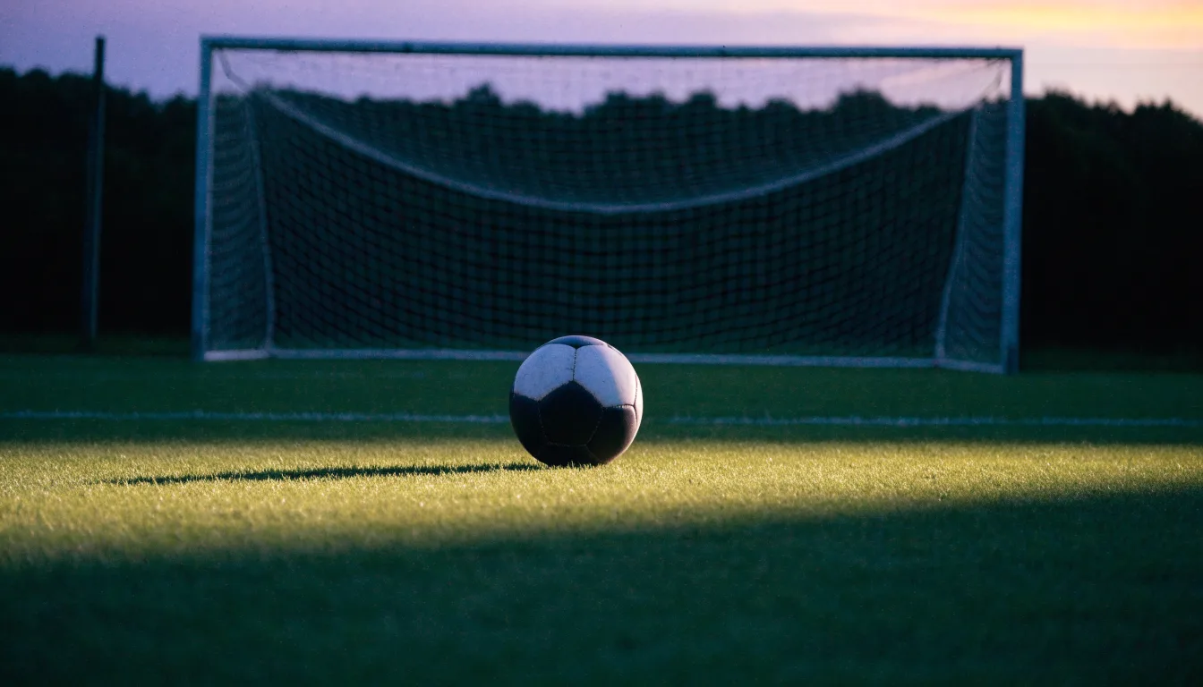 Ein Fußball liegt im Strafraum eines leeren Platzes, dahinter die Netze des Tores im Abendlicht.