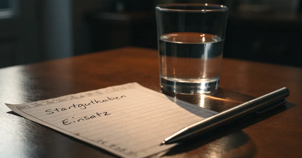 Ein leerer Papier-Wettschein liegt zusammen mit einem Kugelschreiber auf einem Tisch, daneben ein Glas Wasser.