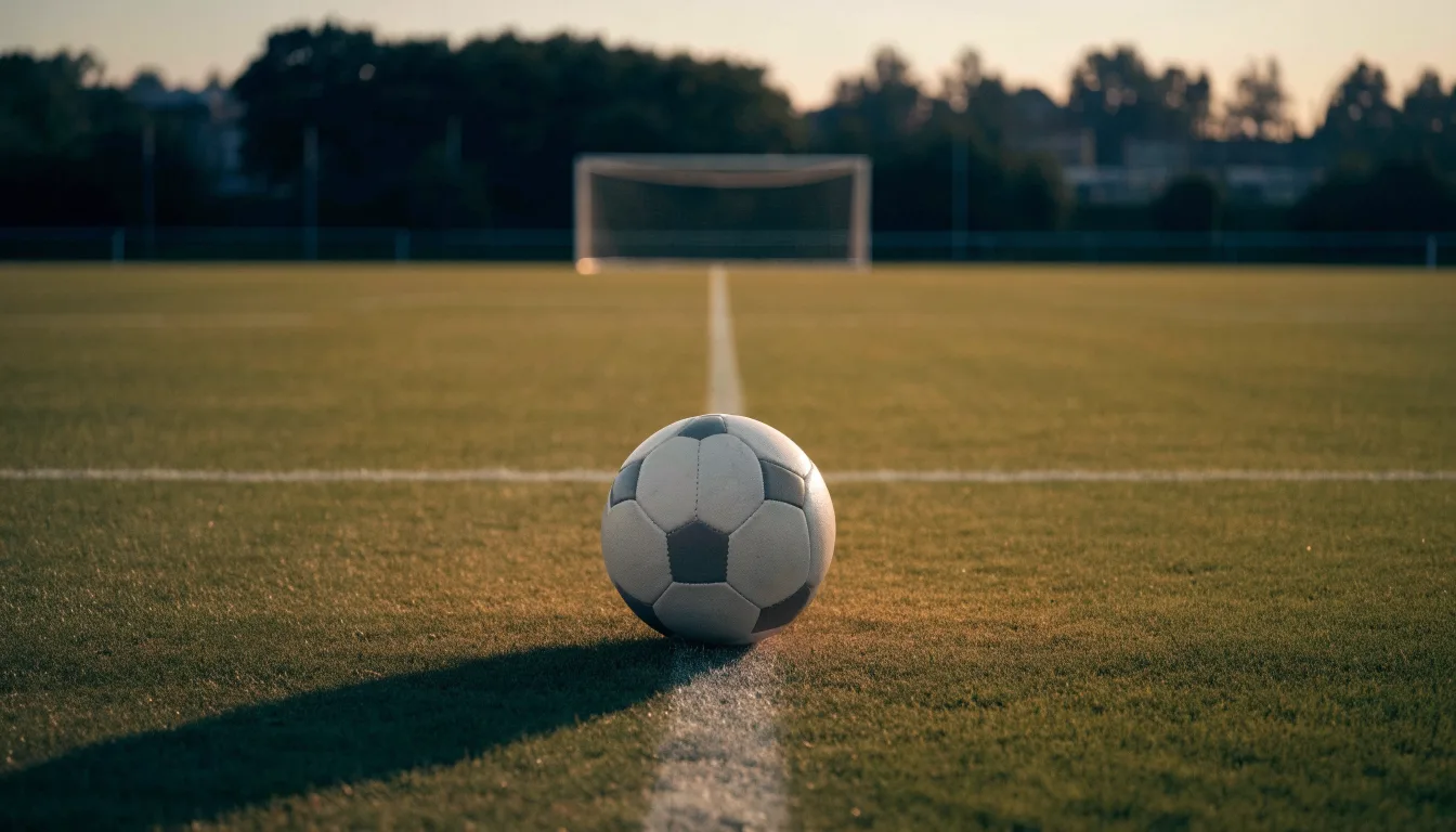 Ein Fußball liegt auf dem Elfmeterpunkt eines leeren Platzes im Abendlicht.
