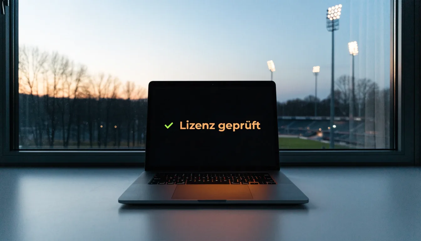 Ein Stadion unter Flutlicht, aus großer Entfernung gesehen, davor eine Reihe kahler Bäume im Dämmerlicht.
