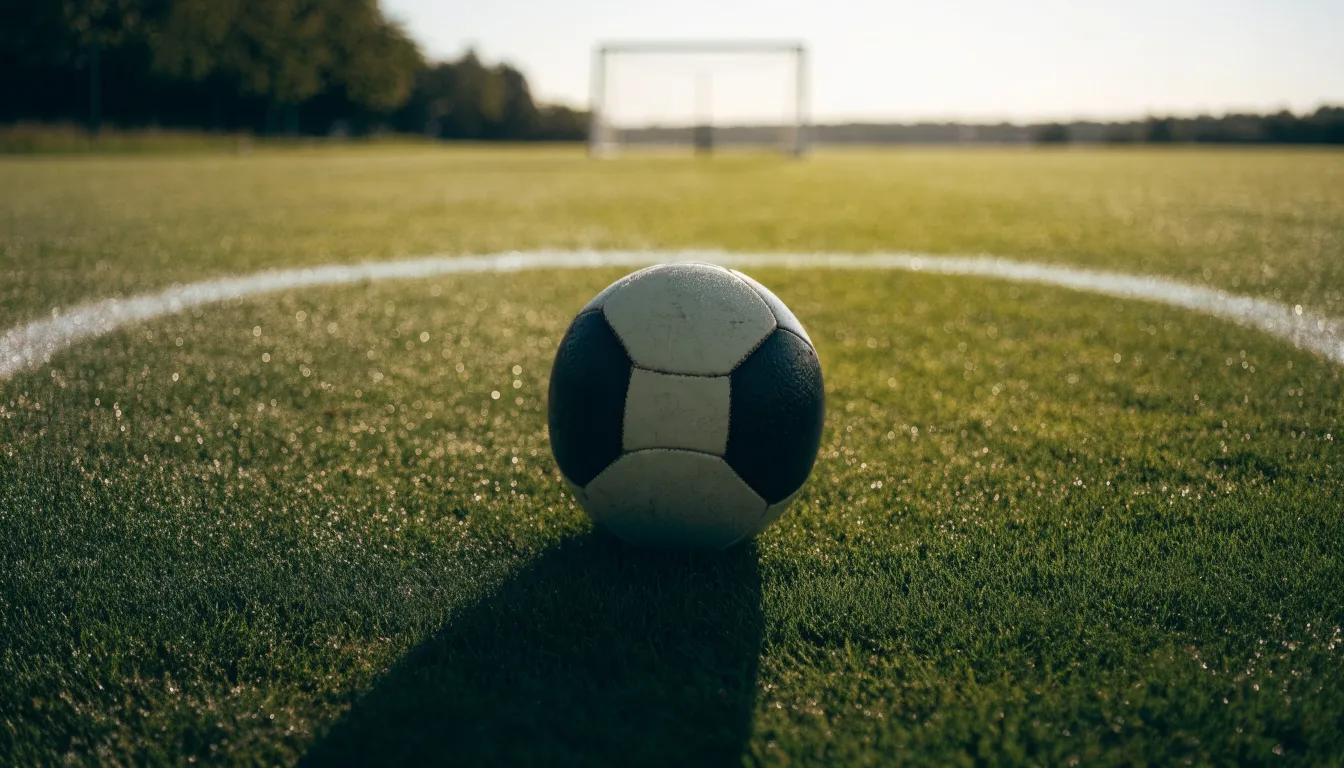 Ein Fußball auf dem Mittelkreis eines leeren Rasenplatzes im frühen Morgenlicht.