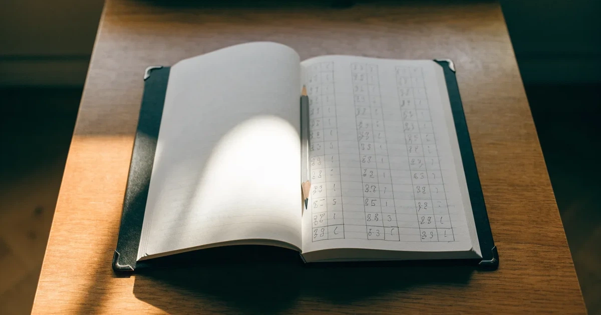 Ein Notizbuch mit handschriftlichen Zahlenreihen und Kästchen liegt neben einem Taschenrechner und einem Bleistift auf einem Schreibtisch.