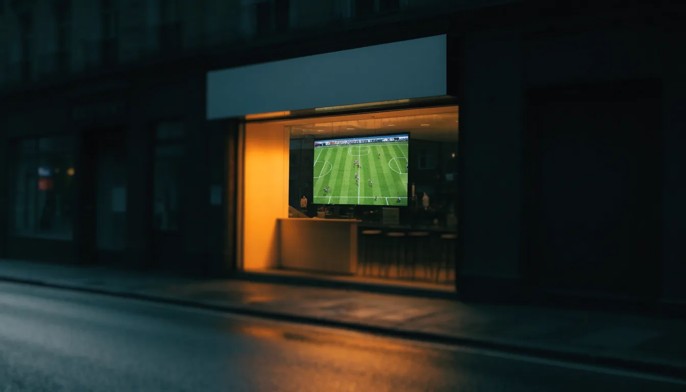 Ein beleuchtetes Stadion aus großer Distanz am Abend, im Vordergrund ein Feldweg.