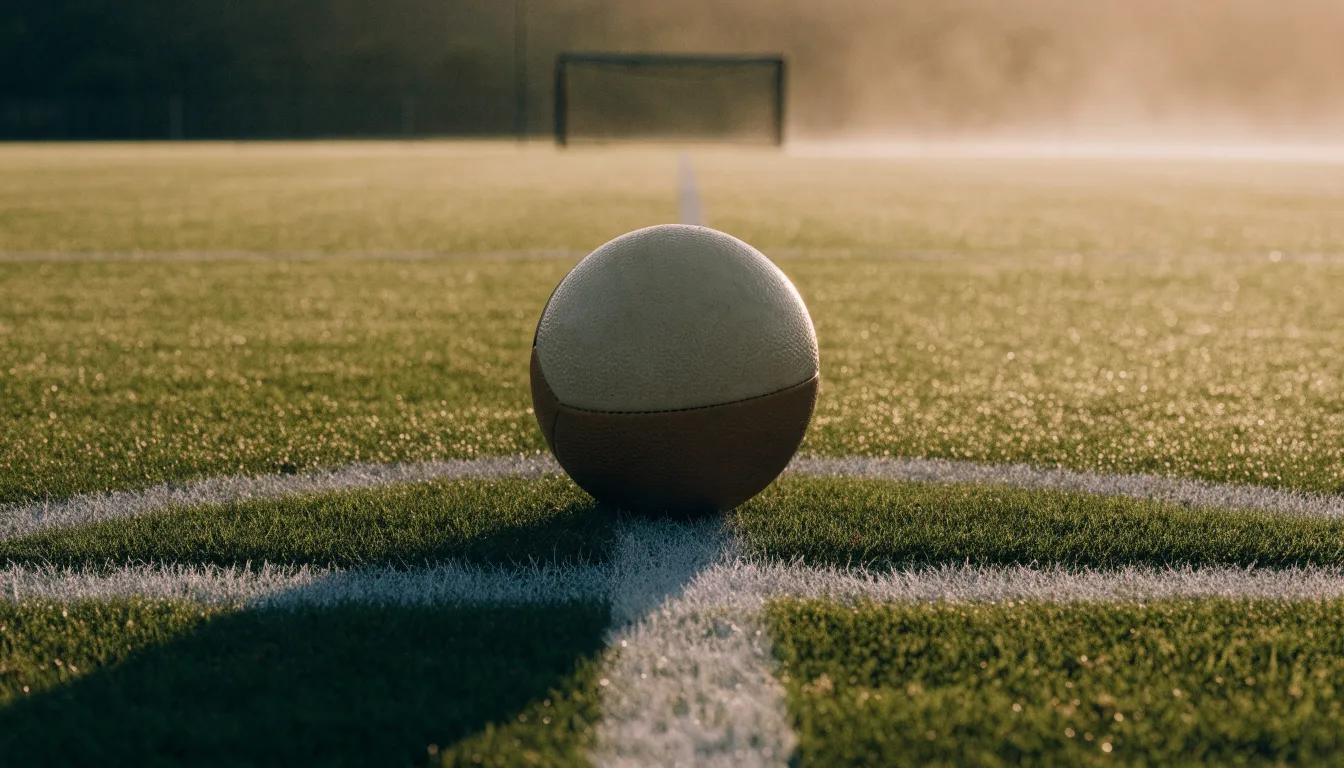 Ein Fußball liegt am Rand des Mittelkreises auf einem leeren Rasenplatz bei Sonnenaufgang.