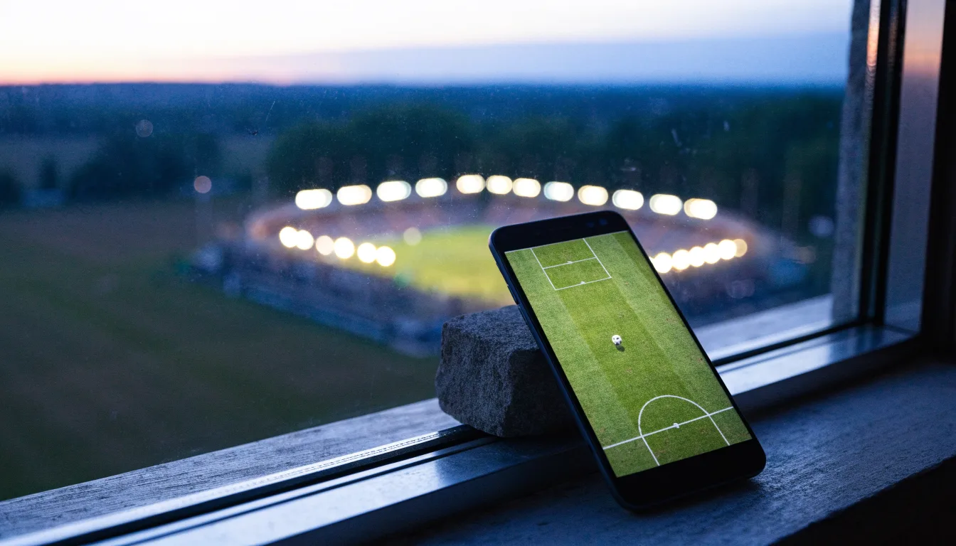 Ein Stadion unter Flutlicht aus großer Entfernung, davor ein dunkler Acker im Abendlicht.