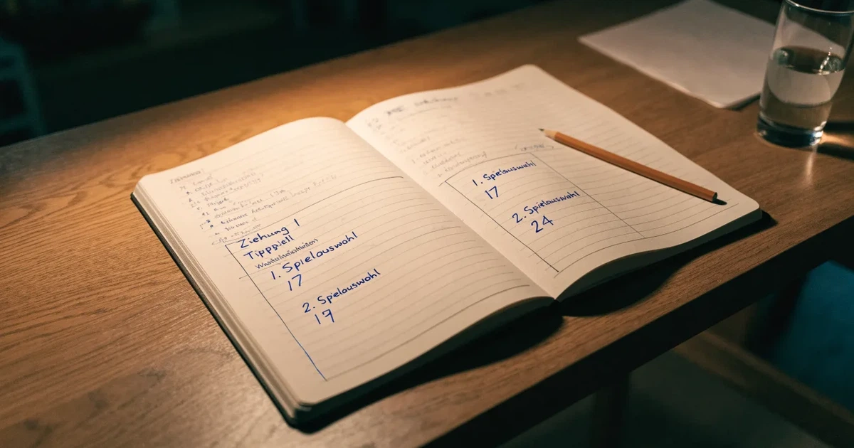 Ein Notizbuch mit handschriftlichen Kästchen und Linien liegt neben einem Bleistift und einem Taschenrechner auf einem Schreibtisch.