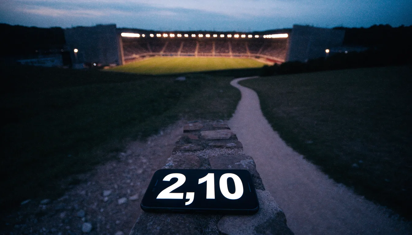Ein Stadion unter Flutlicht, von einer Anhöhe aus gesehen, davor ein stiller Weg in der Dämmerung.
