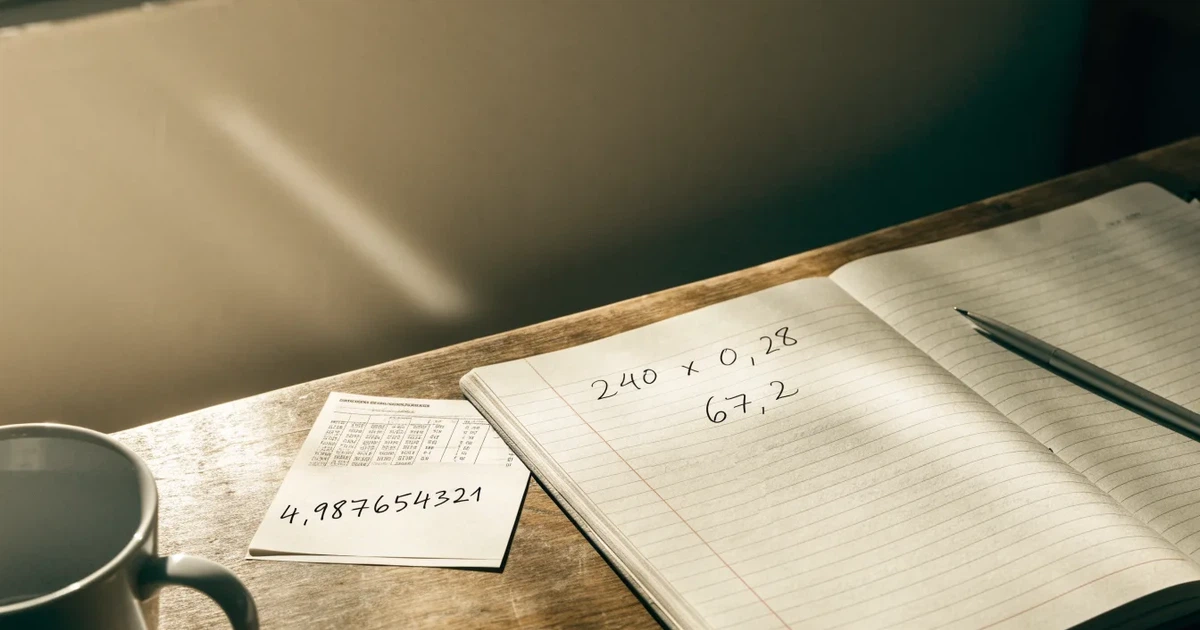 Ein Notizbuch mit handschriftlichen Rechnungen und ein Taschenrechner liegen auf einem Schreibtisch neben einer Tasse Kaffee im Licht des frühen Morgens.