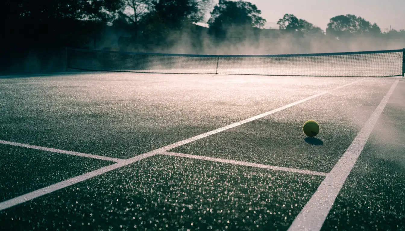 Ein Tennisplatz im Morgengrauen, das Netz und die Linien liegen im Tau, im Hintergrund leichter Nebel und kein Mensch zu sehen.