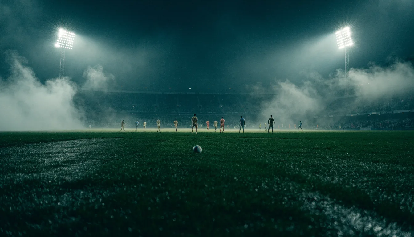 Ein Stadion unter Flutlicht, aus großer Entfernung über eine dunkle Wiese fotografiert, am Himmel zieht Nebel auf.