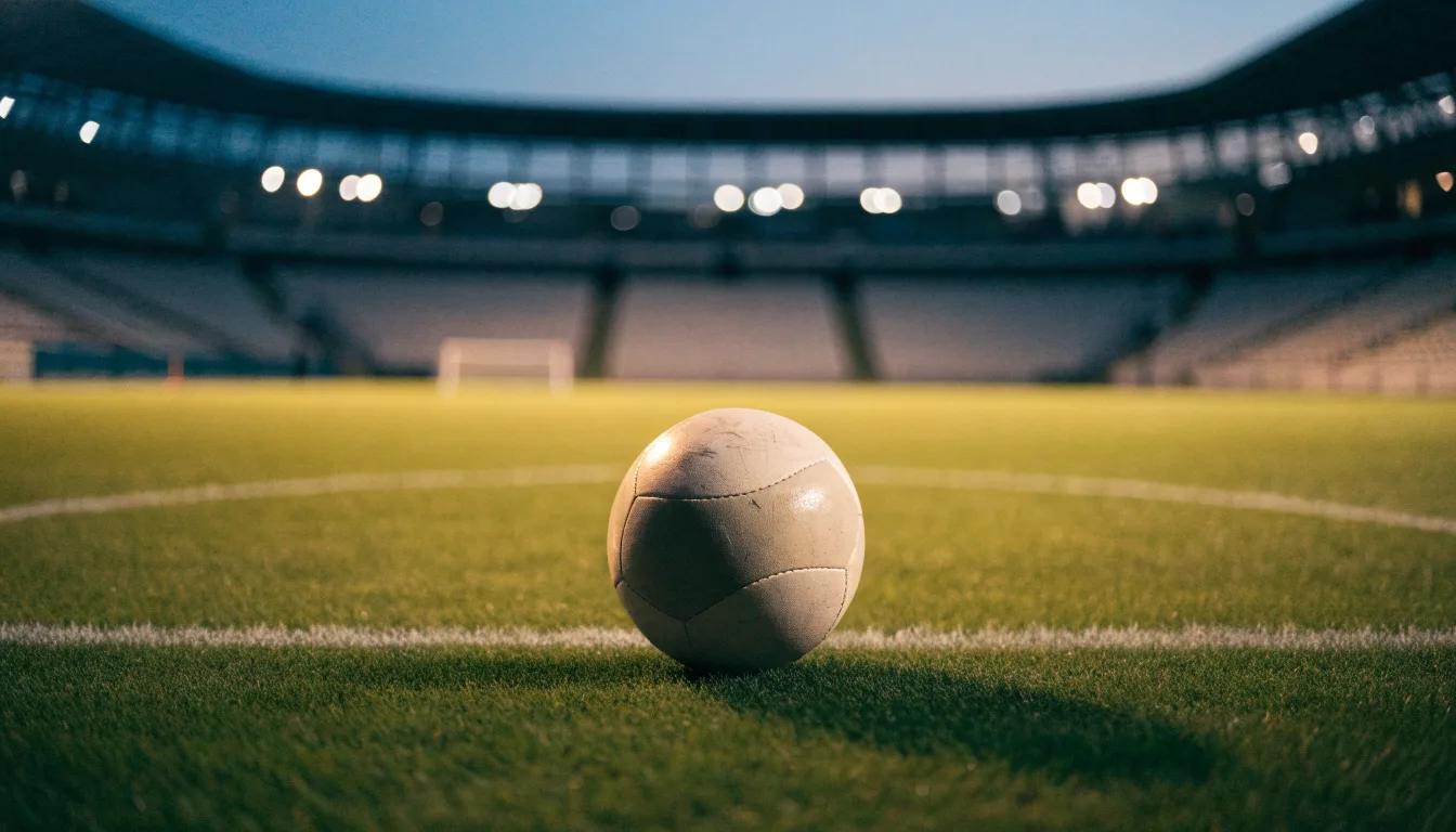 Ein Fußball liegt auf dem Anstoßpunkt eines leeren Rasenplatzes, im Hintergrund steht ein Stadion unter Flutlicht in der Dämmerung.