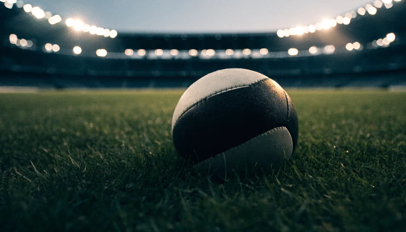 Ein Fußball liegt auf dem Rasen eines leeren Platzes, im Hintergrund ein Stadion unter Flutlicht in der Abenddämmerung.