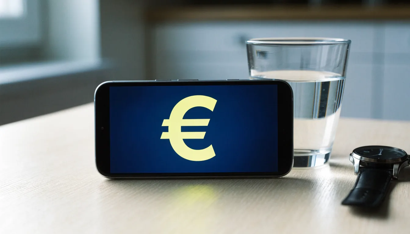 Ein Smartphone liegt mit dem Display nach unten auf einem Küchentisch, daneben stehen ein Glas Wasser und eine Armbanduhr.