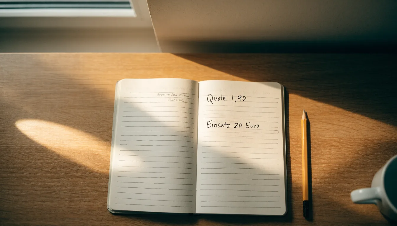 Ein Notizbuch mit handschriftlichen Notizen und ein Bleistift liegen auf einem Schreibtisch am Fenster, draußen fällt Morgenlicht herein.