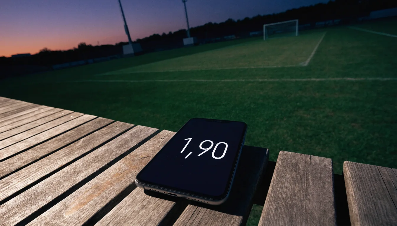 Eine leere Parkbank am Rand eines Fußballfelds in der Abenddämmerung, im Hintergrund ragen dunkle Flutlichtmasten in den Himmel.