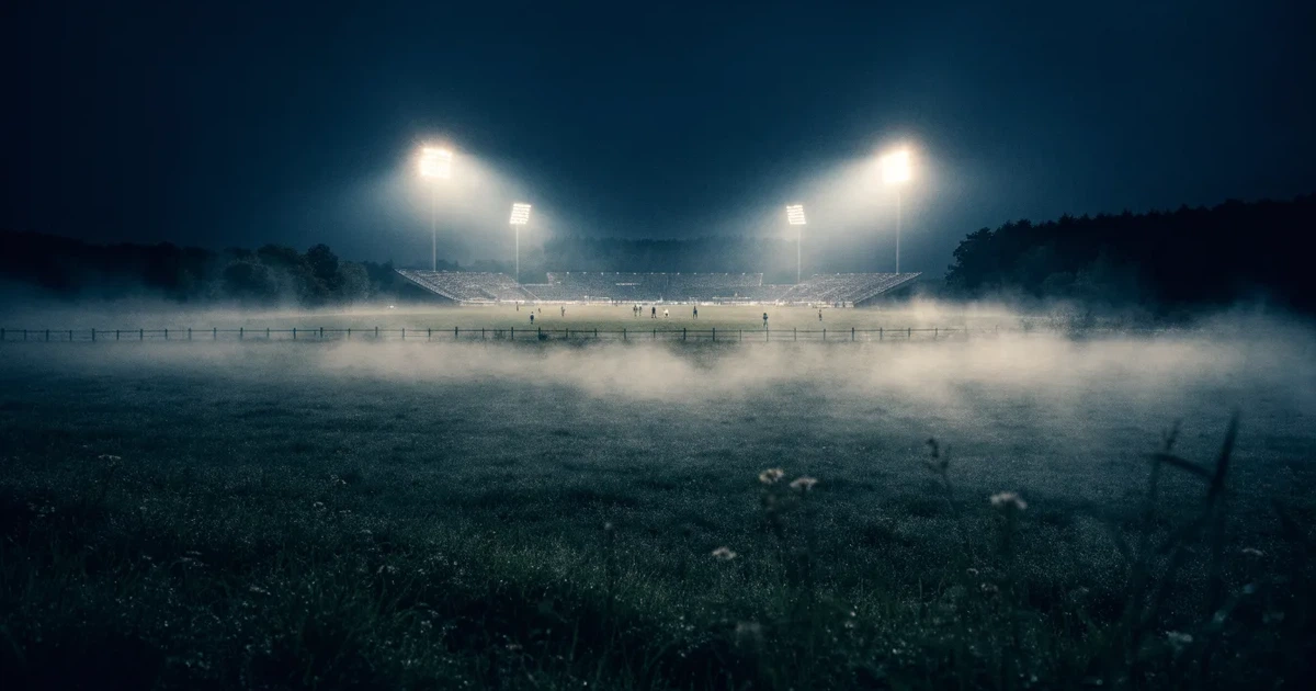 Ein Stadion unter Flutlicht, aus großer Entfernung über eine dunkle Wiese fotografiert, am Himmel zieht Nebel auf.