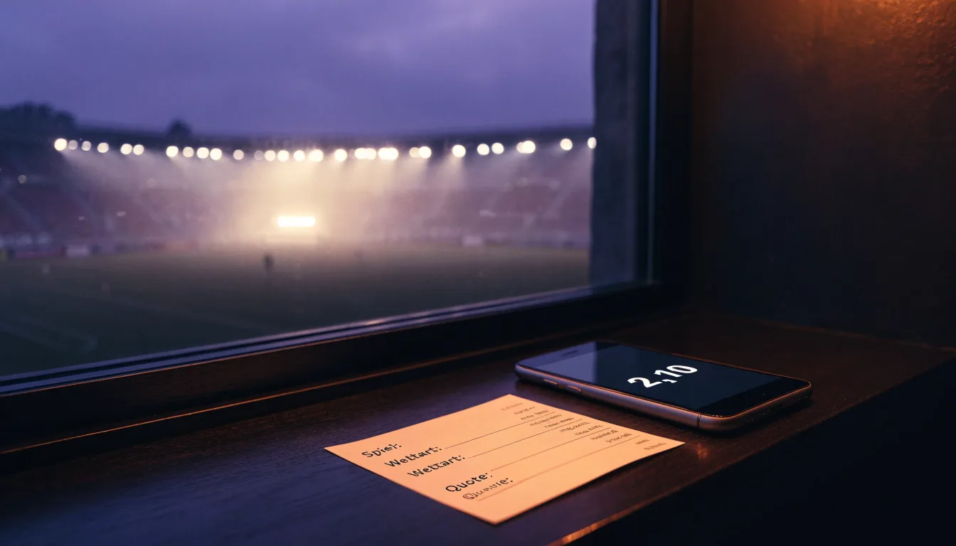 Ein Stadion unter Flutlicht, aus großer Entfernung über eine dunkle Wiese fotografiert, am Himmel zieht Nebel auf.