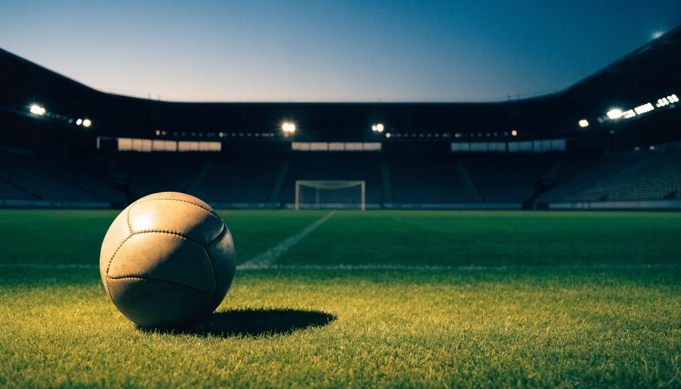 Ein Fußball liegt auf dem Rasen eines leeren Platzes, im Hintergrund ein Stadion unter Flutlicht in der Abenddämmerung.