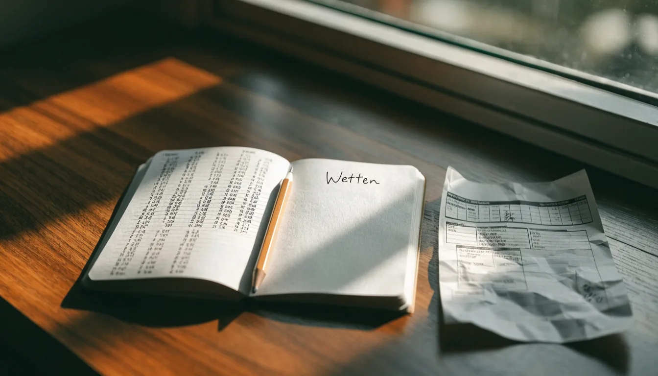 Ein Notizbuch mit handschriftlichen Notizen und ein Bleistift liegen auf einem Schreibtisch am Fenster, draußen fällt Morgenlicht herein.
