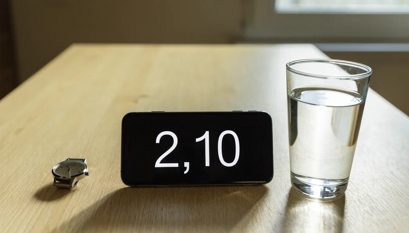 Ein Smartphone liegt mit dem Display nach unten auf einem Küchentisch, daneben stehen ein Glas Wasser und eine Armbanduhr.