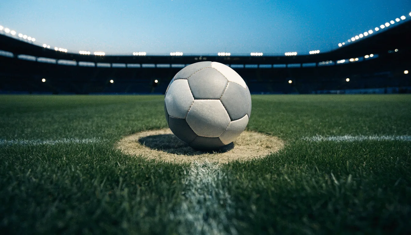 Ein Fußball liegt auf dem Anstoßpunkt eines leeren Rasenplatzes, im Hintergrund steht ein Stadion unter Flutlicht in der Dämmerung.