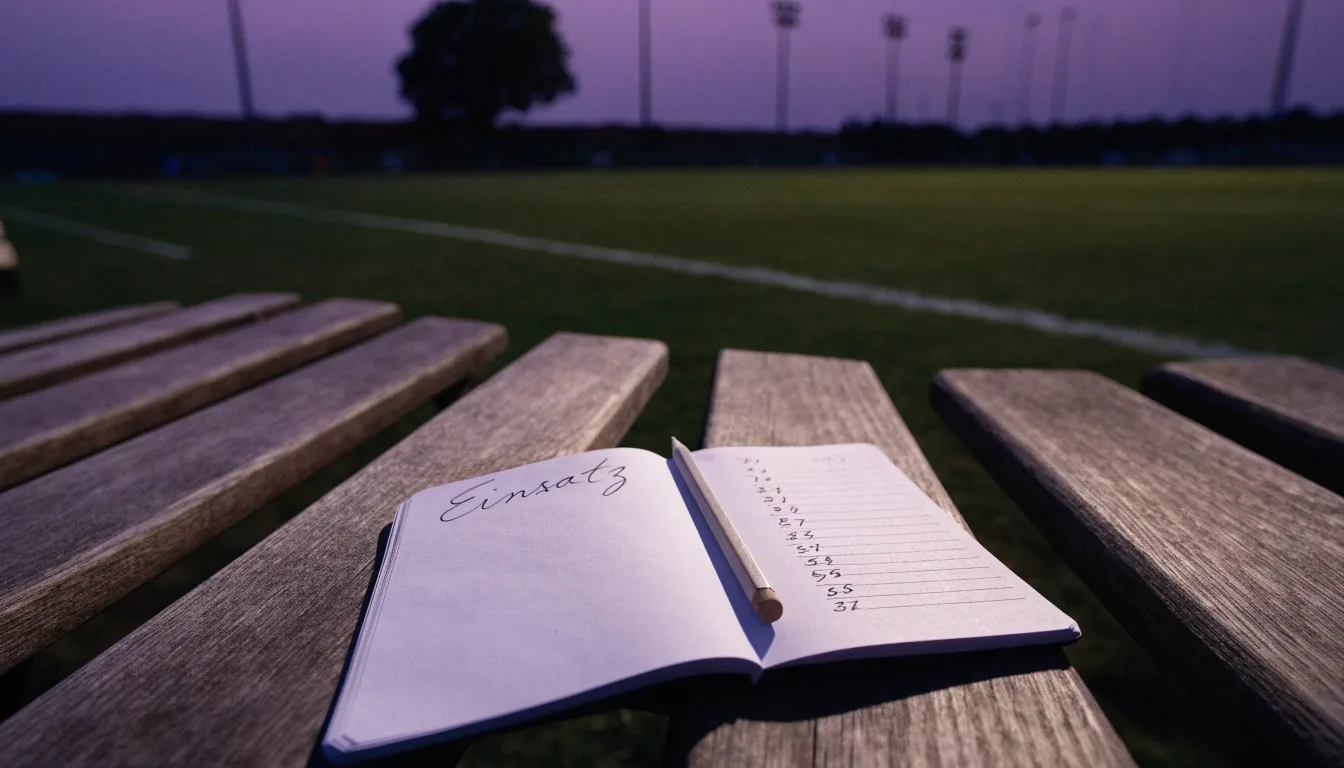 Eine leere Parkbank am Rand eines Fußballfelds in der Abenddämmerung, im Hintergrund ragen dunkle Flutlichtmasten in den Himmel.