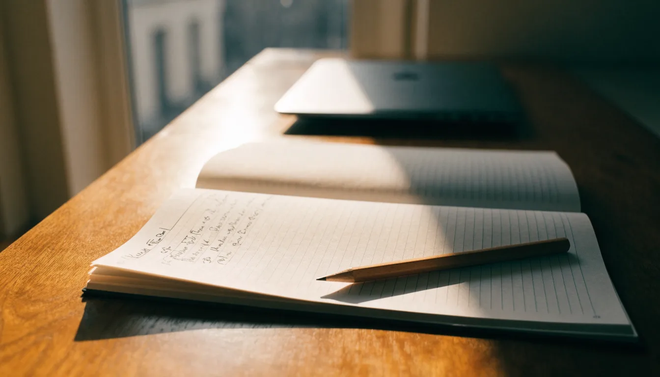 Ein Notizbuch mit handschriftlichen Notizen und ein Bleistift liegen auf einem Schreibtisch am Fenster, draußen fällt Morgenlicht herein.
