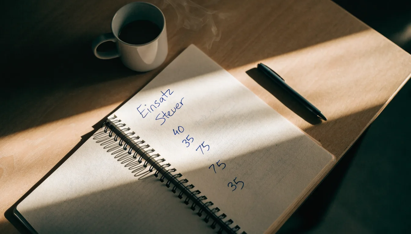 Ein Notizbuch mit handschriftlichen Rechnungen und ein Taschenrechner liegen auf einem Schreibtisch neben einer Tasse Kaffee im Licht des frühen Morgens.