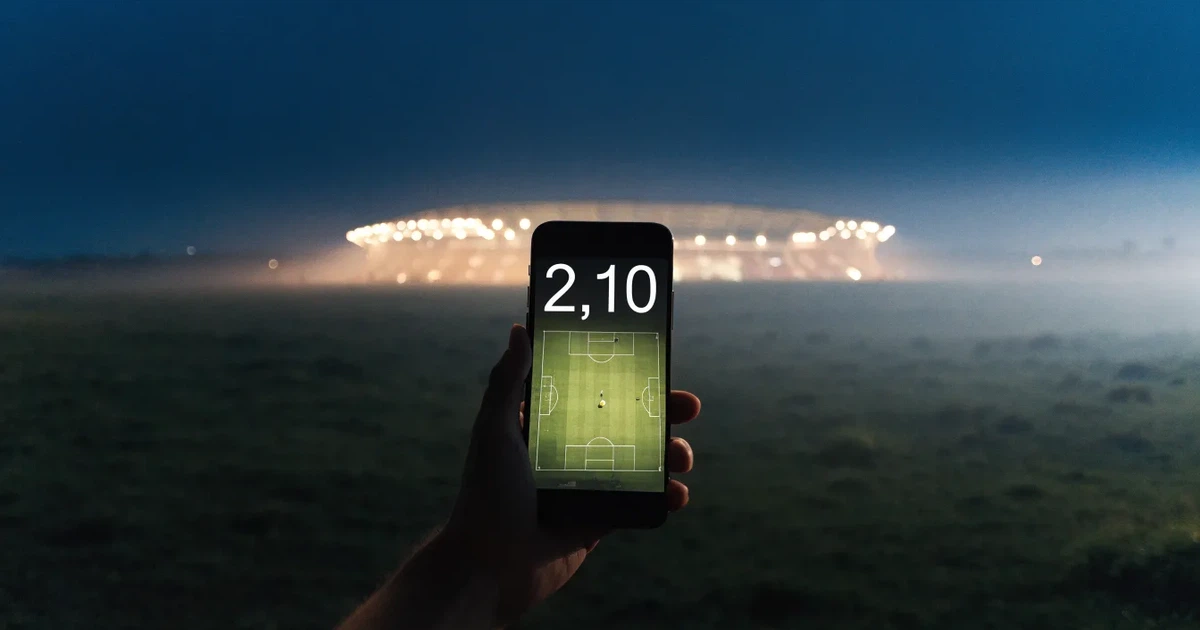 Ein Stadion unter Flutlicht, aus großer Entfernung über eine dunkle Wiese fotografiert, am Himmel zieht Nebel auf.