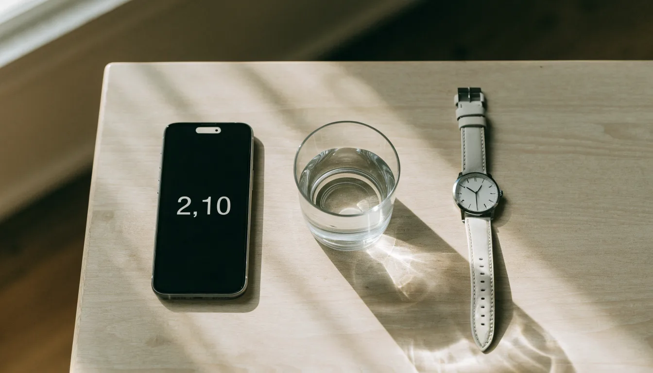 Ein Smartphone liegt mit dem Display nach unten auf einem Küchentisch, daneben stehen ein Glas Wasser und eine Armbanduhr.