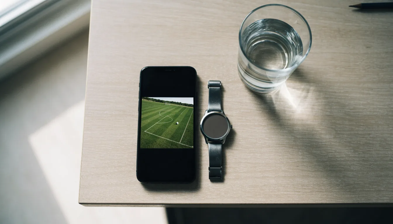 Ein Smartphone liegt mit dem Display nach unten auf einem Küchentisch, daneben stehen ein Glas Wasser und eine Armbanduhr.
