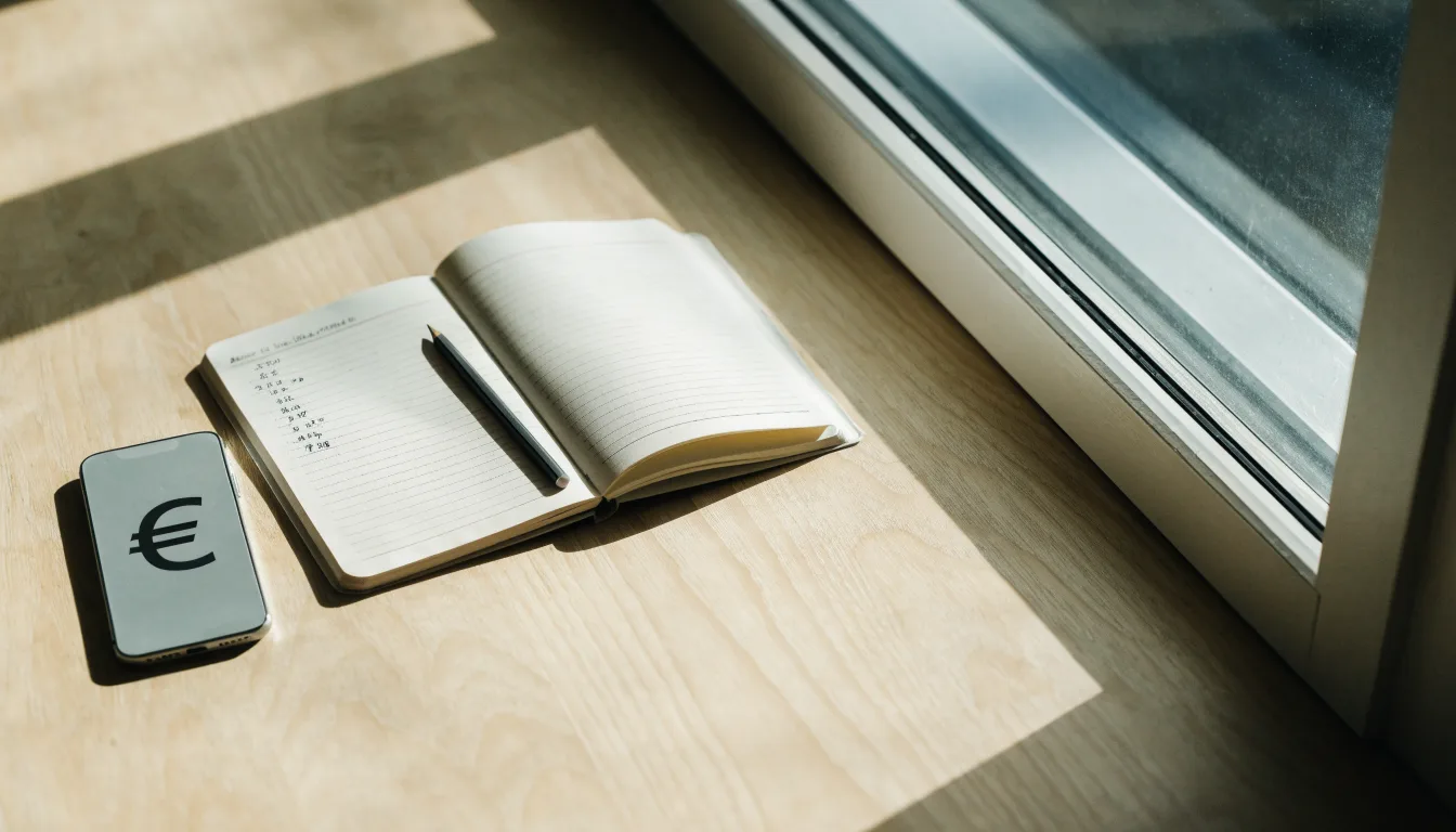Ein Notizbuch mit handschriftlichen Notizen und ein Bleistift liegen auf einem Schreibtisch am Fenster, draußen fällt Morgenlicht herein.